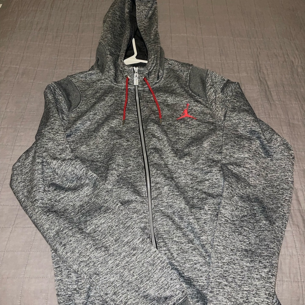 Jordan Gray Zip Up Sweater with Red Accents